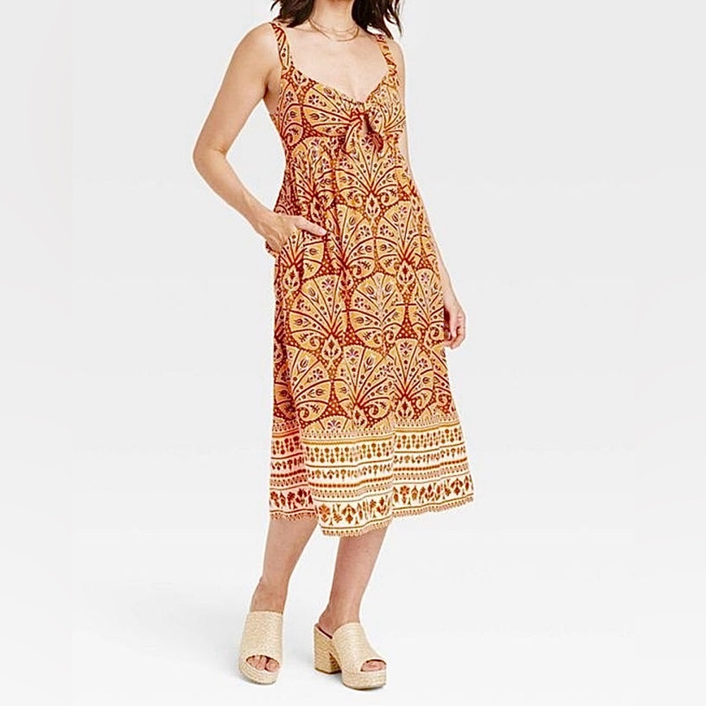 Orange Tangerine & Brown Floral Print Adjustable Strap Sun Dress by Knox…